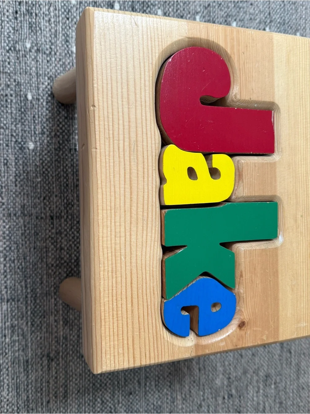 Wooden Name Puzzle Stool 'Jake' - Multicolor Letter Blocks
